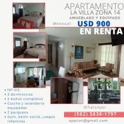 Apartamento zona 14 La Villa amueblado y equipado Rento/Alquilo