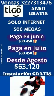 Tigo internet 500 megas $63120 paga en junio