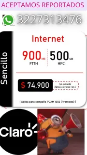 Claro internet 900 megas fibra óptica $74900