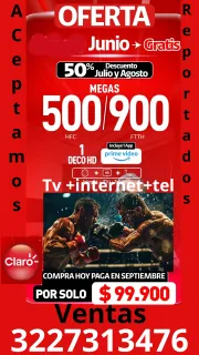 Claro tv más internet 900 megas y teléfono paga en junio